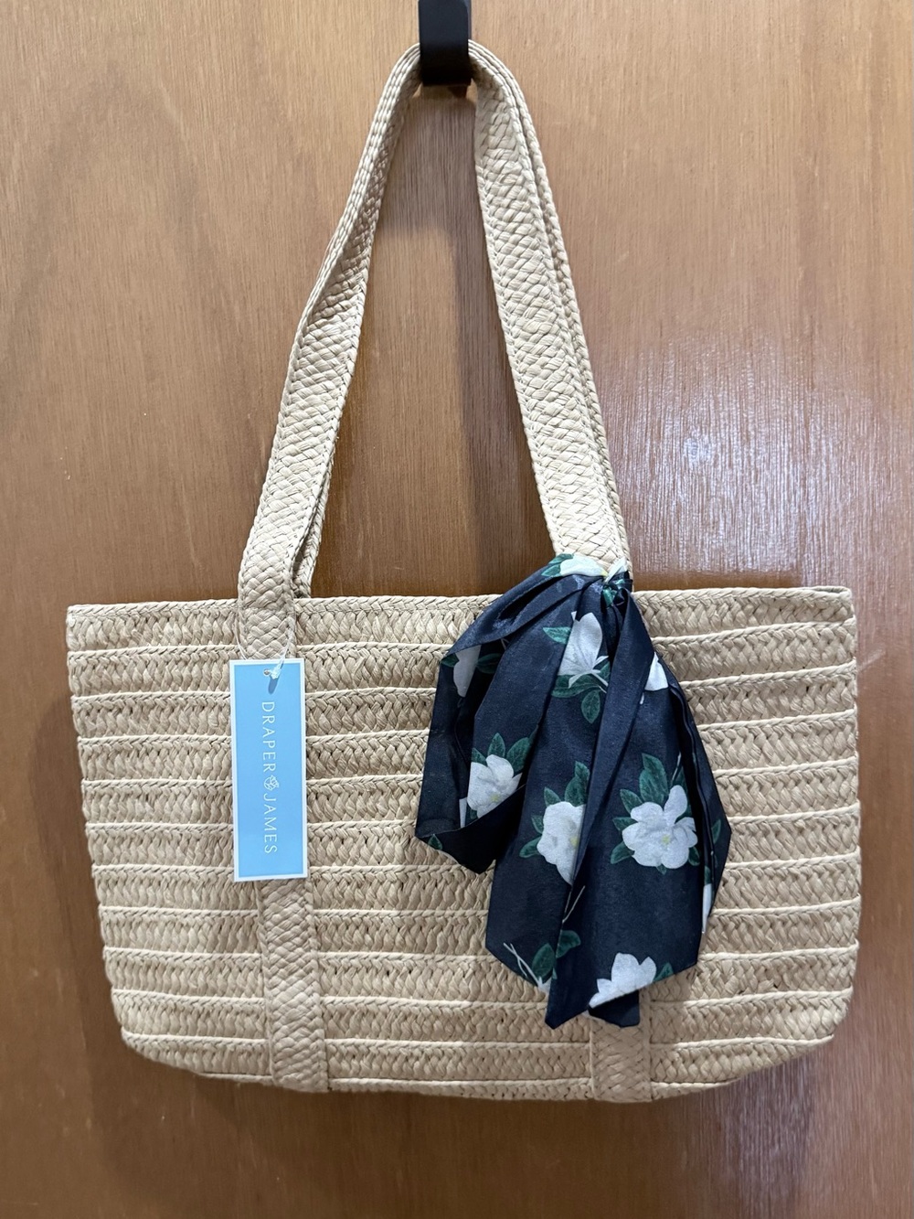 Draper James Natural Straw Tote with Black Floral Scarf